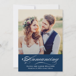 Elegante Navy Blauwe Script Trouwfoto Huwelijk Aankondiging