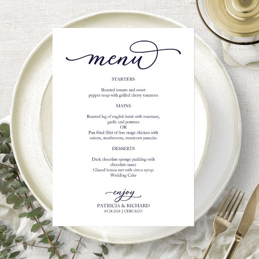 Elegante Navy Blauwe Script Trouwmenu Menu