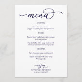 Elegante Navy Blauwe Script Trouwmenu Menu (Voorkant)