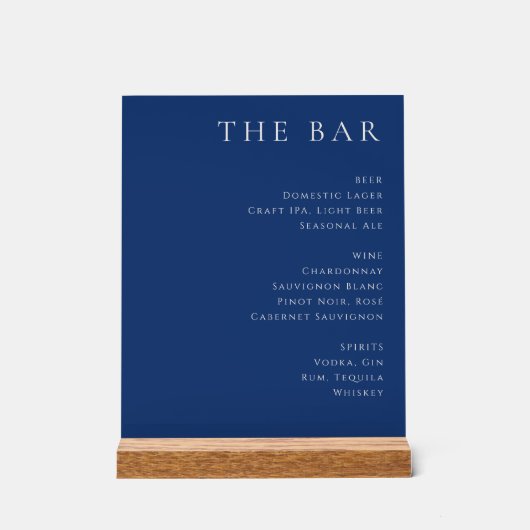 Elegante Navy Blauwe Serif Bar Menu Acryl Bord (Voorkant)
