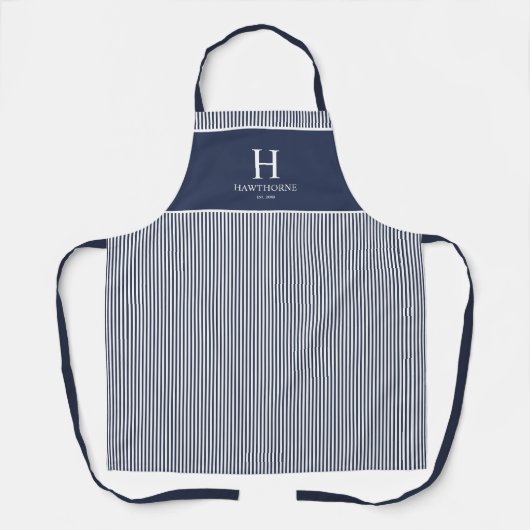 Elegante Navy Blauwe Streep Monogram Naam Schort (Voorkant)