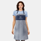 Elegante Navy Blauwe Streep Monogram Naam Schort (Gedragen)