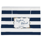 Elegante Navy Blauwe Strepen Huwelijk Custom Tas Large Cadeautasje (Voorkant)