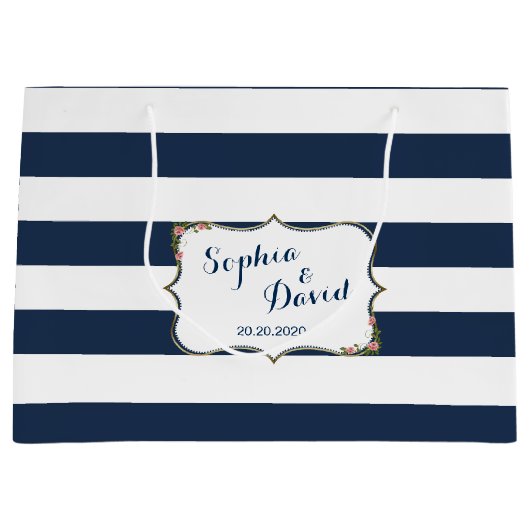 Elegante Navy Blauwe Strepen Huwelijk Custom Tas Large Cadeautasje (Voorkant)