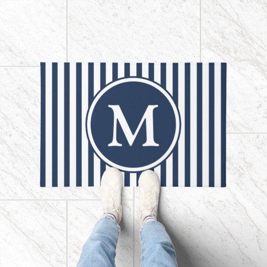 Elegante Navy Blauwe Strepen Monogram Deurmat (Binnen)
