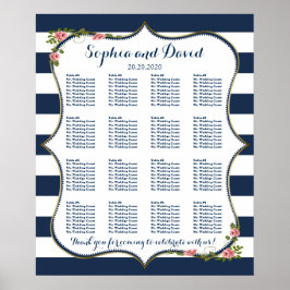 Elegante Navy Blauwe Strepen Trouw Stoelen Chart Poster