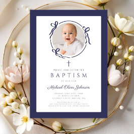 Elegante Navy Blauwe Strik Foto Doop Kaart