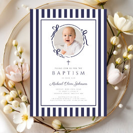 Elegante Navy Blauwe Strik Foto Jongens Doop Kaart