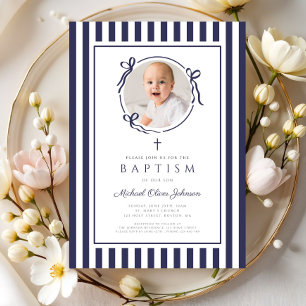 Elegante Navy Blauwe Strik Foto Jongens Doop Kaart