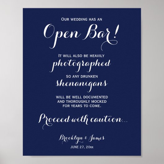 Elegante Navy-blauwe Trouw Open Bar Bord 21x26,5cm Poster (Voorkant)