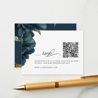 Elegante Navy Blauwe Trouw-RSVP met QR-code Informatiekaartje