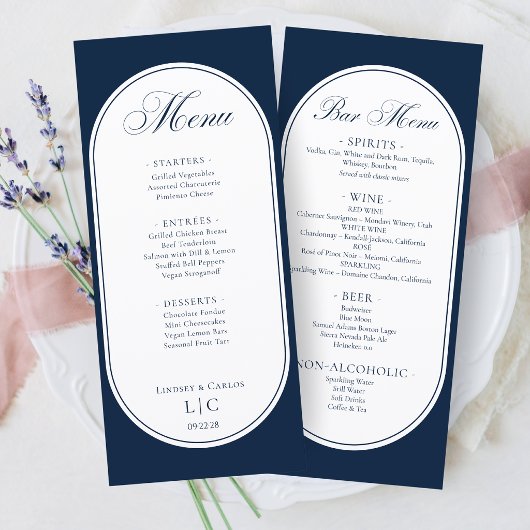 Elegante Navy Blauwe Trouwdiner Menu & Bar Menu