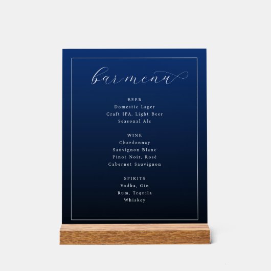 Elegante Navy Blauwe Typografische Balkmenu Acryl Bord (Voorkant)