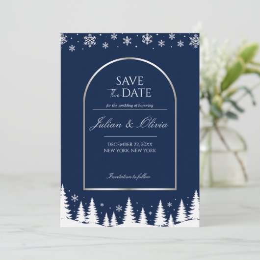 Elegante Navy Blauwe Winter Save the Date Kaart (Staand voorkant)