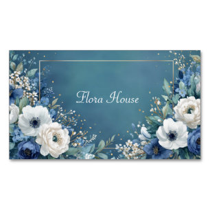 Elegante Navy Blauwe Witte Anemoon Teal Goud Magnetisch Visitekaartje