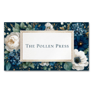Elegante Navy Blauwe Witte Bloemengoud Glitter Lij Magnetisch Visitekaartje
