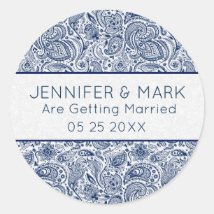 Elegante Navy Blauwe & Witte Bloemrijke Paisley Ka Ronde Sticker