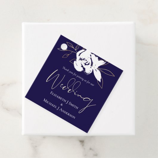 Elegante Navy Blauwe Witte Gouden Trouw Bedankjes Labels (In situ)