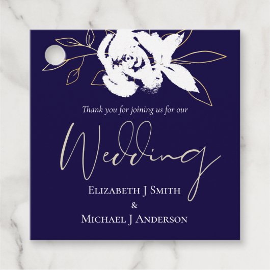 Elegante Navy Blauwe Witte Gouden Trouw Bedankjes Labels (Voorkant)