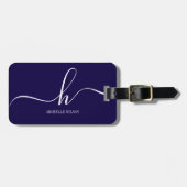 Elegante Navy Blauwe Witte Initiaal Script Naam Bagagelabel (Voorkant horizontaal)