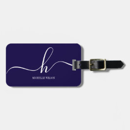 Elegante Navy Blauwe Witte Initiaal Script Naam Bagagelabel