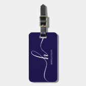 Elegante Navy Blauwe Witte Initiaal Script Naam Bagagelabel (Voorkant verticaal)