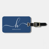 Elegante Navy Blauwe Witte Initiaal Script Naam Bagagelabel (Voorkant horizontaal)