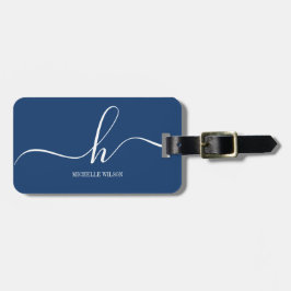 Elegante Navy Blauwe Witte Initiaal Script Naam Bagagelabel