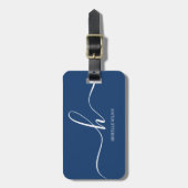Elegante Navy Blauwe Witte Initiaal Script Naam Bagagelabel (Voorkant verticaal)