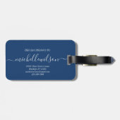 Elegante Navy Blauwe Witte Initiaal Script Naam Bagagelabel (Achterkant horizontaal)