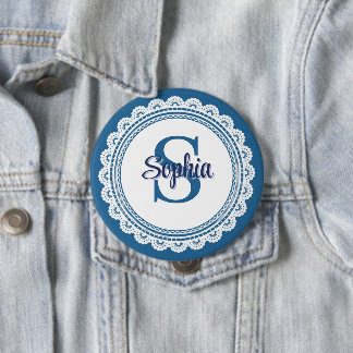 Elegante Navy Blauwe Witte Kant Monogram Naam Ronde Button 4,0 Cm