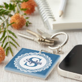 Elegante Navy Blauwe Witte Kant Monogram Naam Sleutelhanger (Voorkant Rechts)