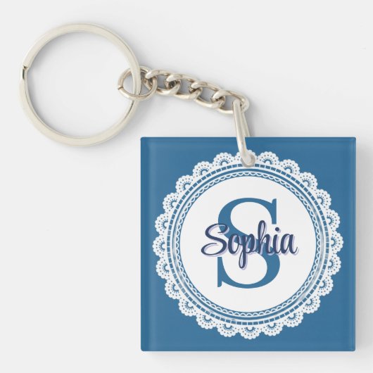 Elegante Navy Blauwe Witte Kant Monogram Naam Sleutelhanger (voorkant)