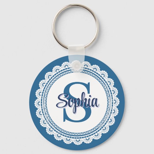 Elegante Navy Blauwe Witte Kant Monogram Naam Sleutelhanger (Voorkant)
