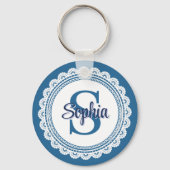 Elegante Navy Blauwe Witte Kant Monogram Naam Sleutelhanger (Achterkant)
