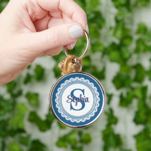 Elegante Navy Blauwe Witte Kant Monogram Naam Sleutelhanger