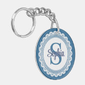Elegante Navy Blauwe Witte Kant Monogram Naam Sleutelhanger (Voorkant Links)