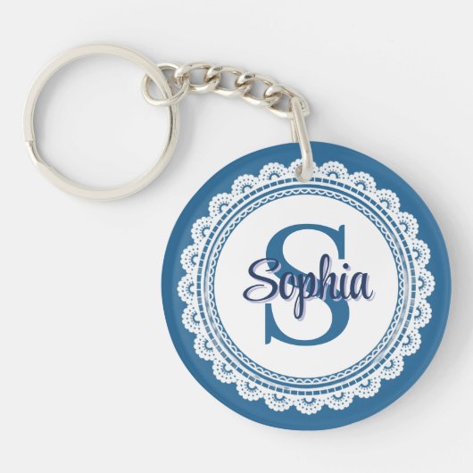 Elegante Navy Blauwe Witte Kant Monogram Naam Sleutelhanger (Voorkant)