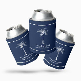 Elegante Navy Blauwe Witte Palmboom Persoonlijk Blikjeskoeler