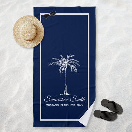 Elegante Navy Blauwe Witte Palmboom Persoonlijk Strandlaken