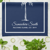 Elegante Navy Blauwe Witte Palmboom Persoonlijk Theedoek (Gevouwen)
