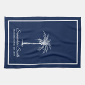 Elegante Navy Blauwe Witte Palmboom Persoonlijk Theedoek (Horizontaal)
