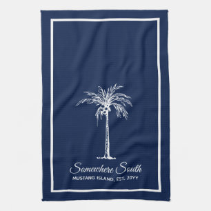 Elegante Navy Blauwe Witte Palmboom Persoonlijk Theedoek
