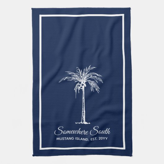 Elegante Navy Blauwe Witte Palmboom Persoonlijk Theedoek (Verticaal)
