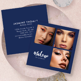 Elegante Navy Blauwe Witte Script 3 Foto Make-up Vierkante Visitekaartje
