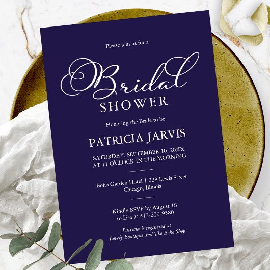Elegante Navy Blauwe Witte Script Bruiloft Feest Kaart