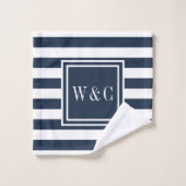 Elegante Navy Blauwe Witte Streep Monogram Bad Handdoek (Wasdoekje)