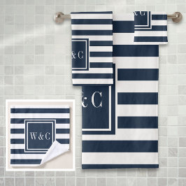 Elegante Navy Blauwe Witte Streep Monogram Bad Handdoek