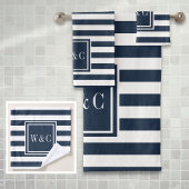 Elegante Navy Blauwe Witte Streep Monogram Bad Handdoek