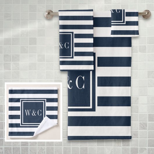 Elegante Navy Blauwe Witte Streep Monogram Bad Handdoek